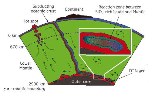 Location of the D” layer, between the Earth’s core and lower mantle