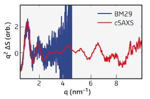 Difference signals seen in light-induced SAXS (blue) and WAXS (red) scattering patterns from solutions of the phytochrome studied