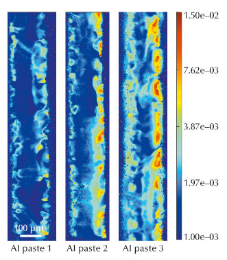 Si 220 FWHM maps (in degree) from section topography rocking curve imaging of solar cells
